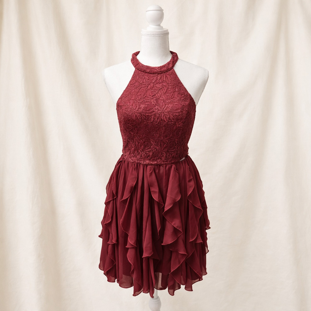Xtraordinary Romantic Brugundy Lace Halter Size 5 Dress Chiffon Fairycore Formal